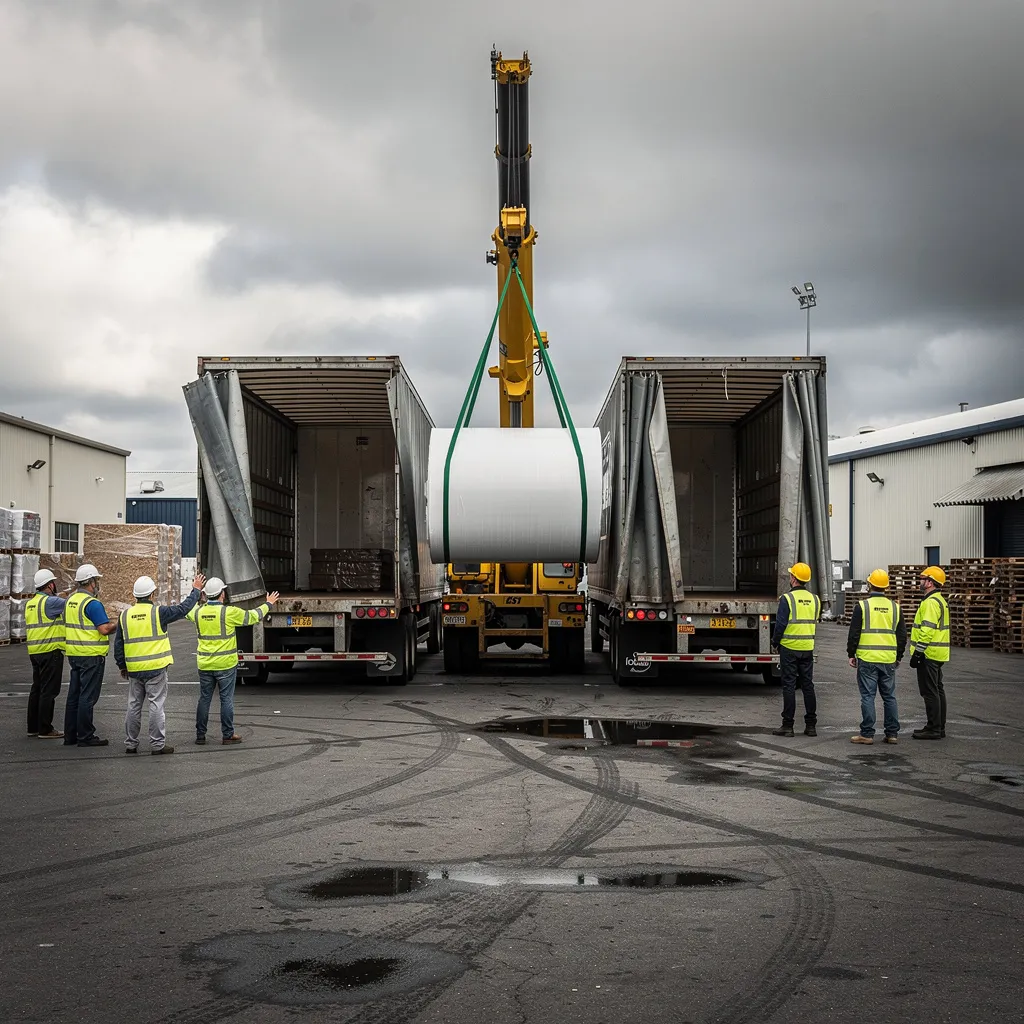Перегрузка бумаги в рулонах краном с одной фуры на другую