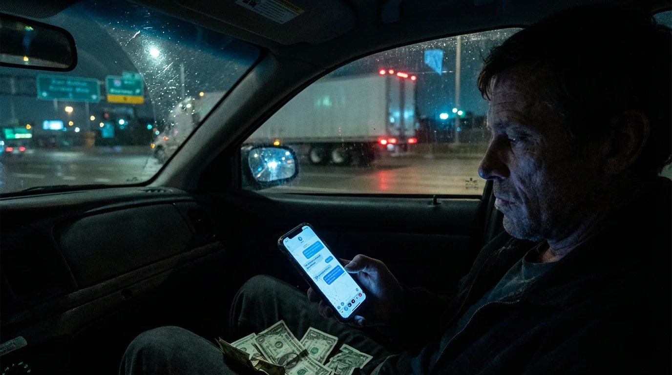 Мошенник-посредник с телефоном и деньгами в машине ночью