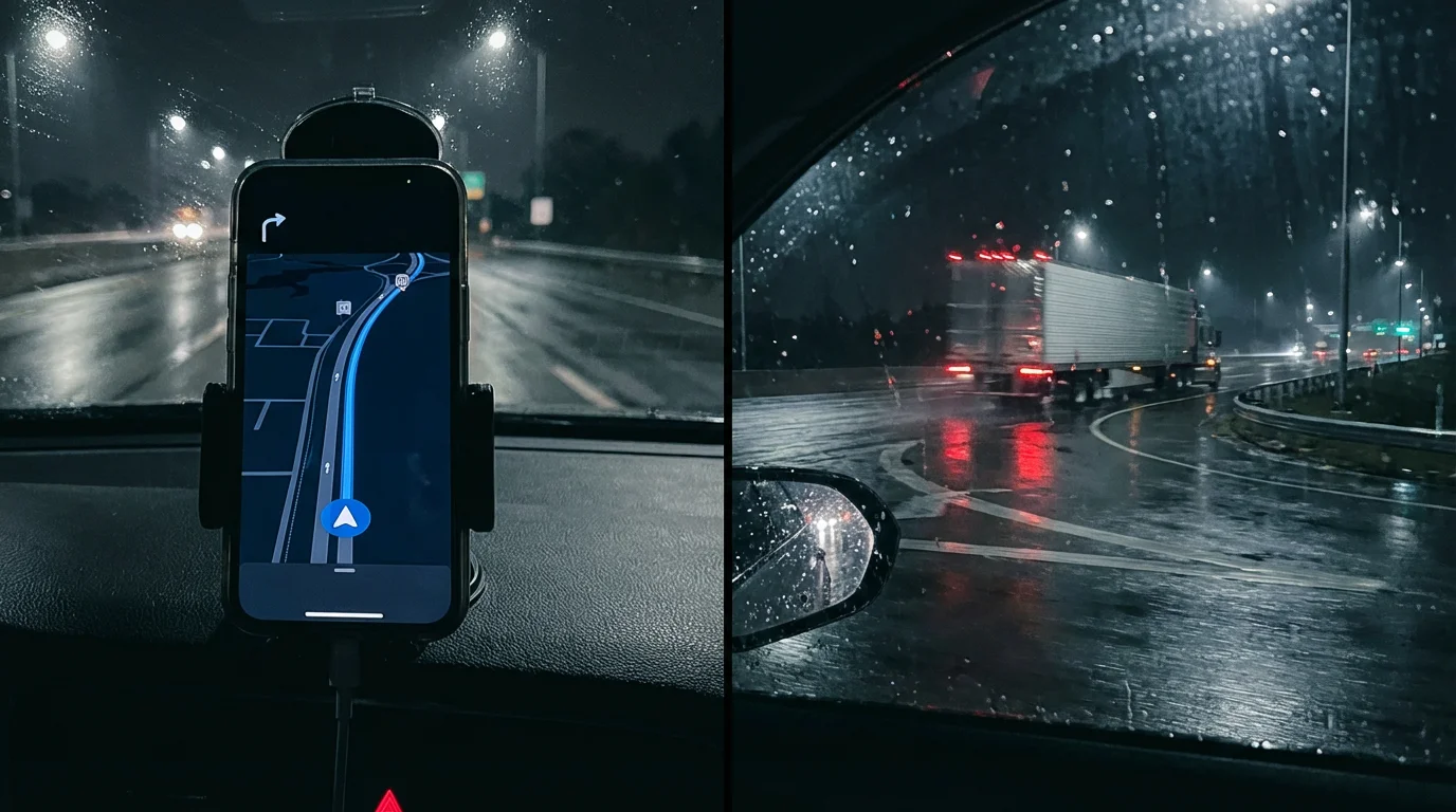 Навигатор в кабине фуры и грузовик на ночной трассе — переадресация груза