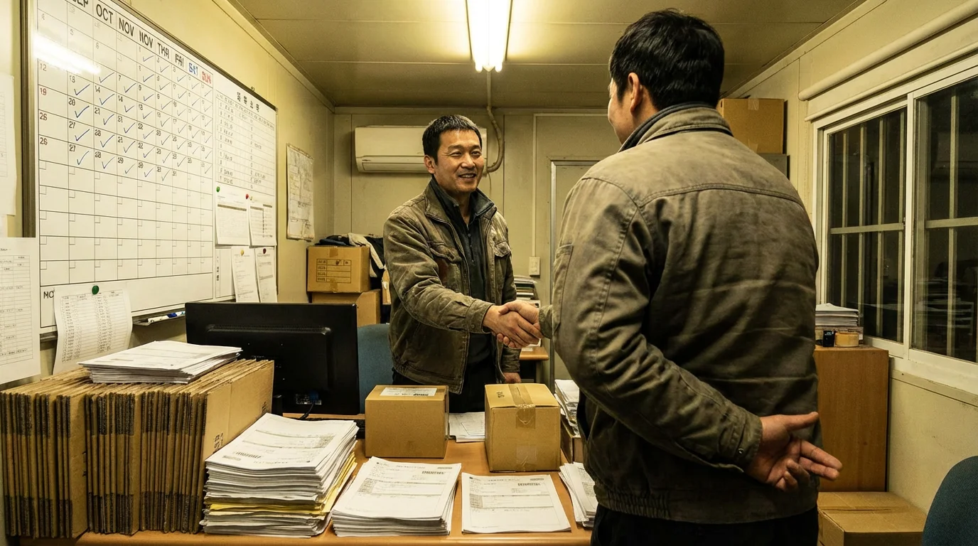 Рукопожатие в офисе — мошенник втирается в доверие перед крупным заказом